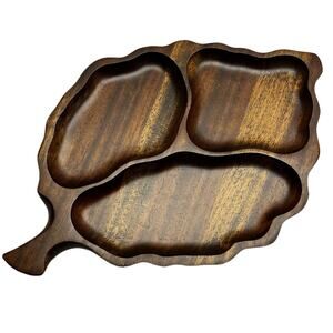 Hand Carved Japan Hardwood Leaf Snack Tray CI Vintage 3 Sections